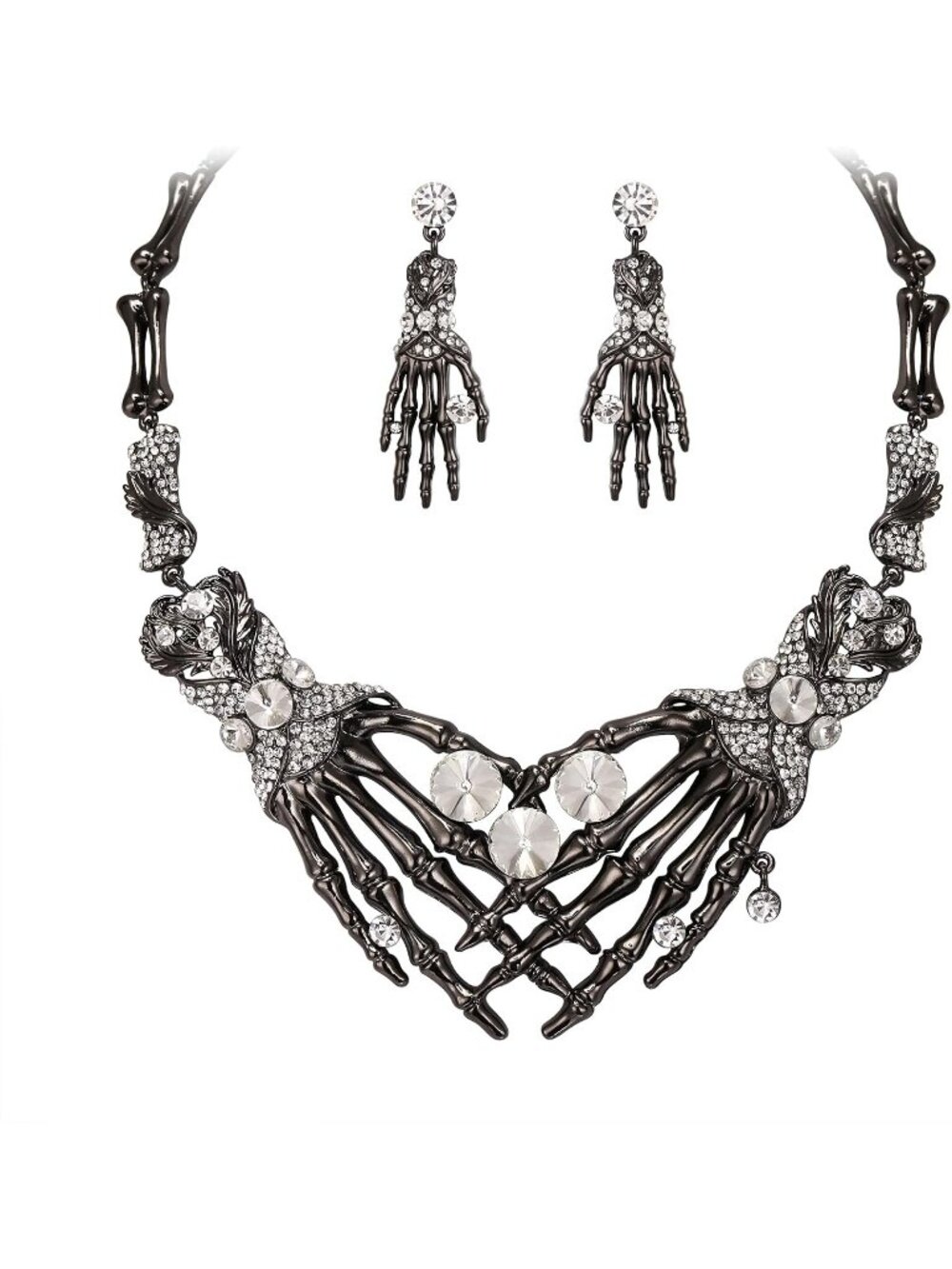 Women's White Black Tone Halloween Skeleton Hand Skull Crystal Austrian Necklace